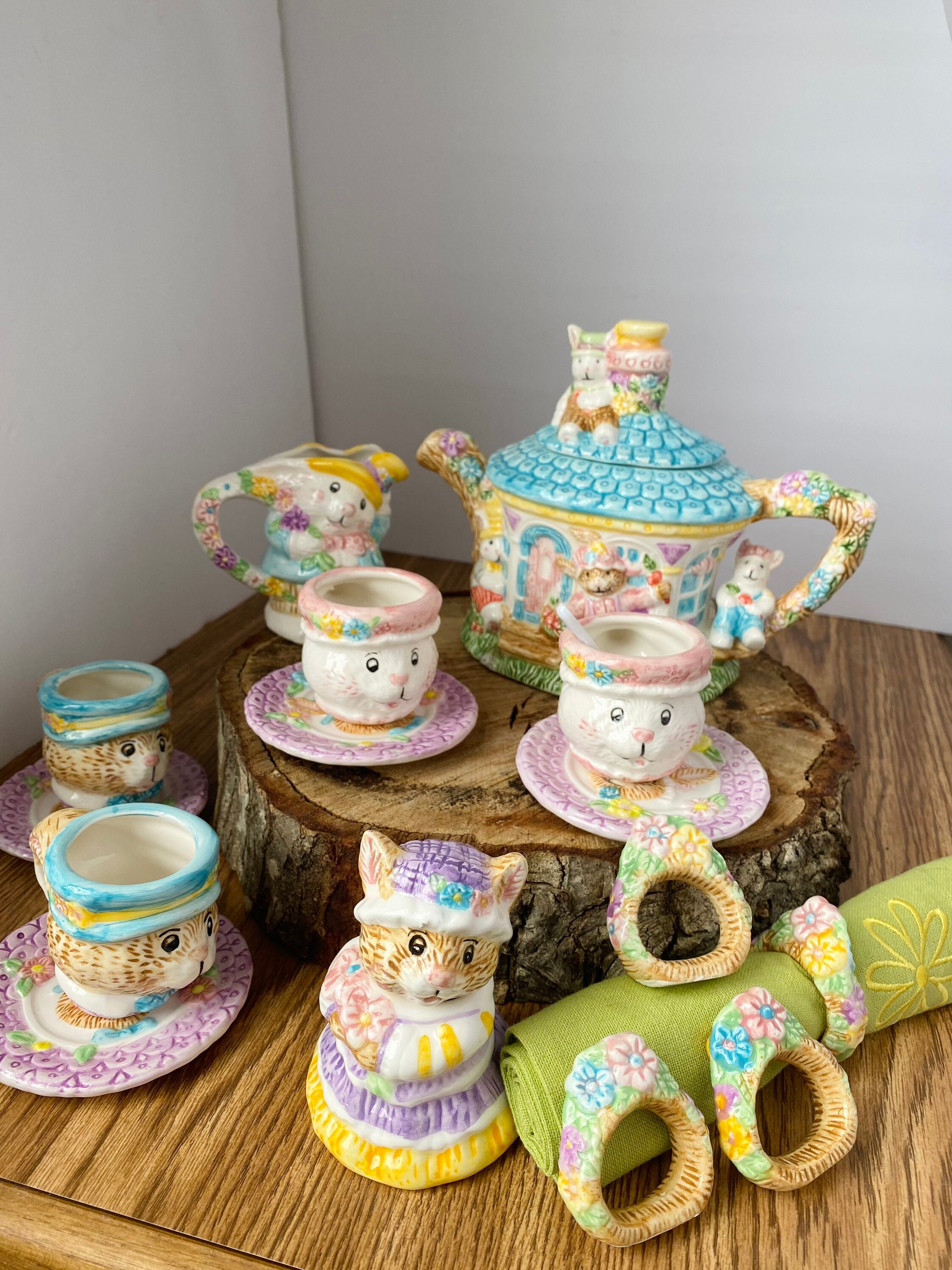 15 PC Set of Ceramic Hand Painted Easter Bunny Rabbit Tea Set Etsy