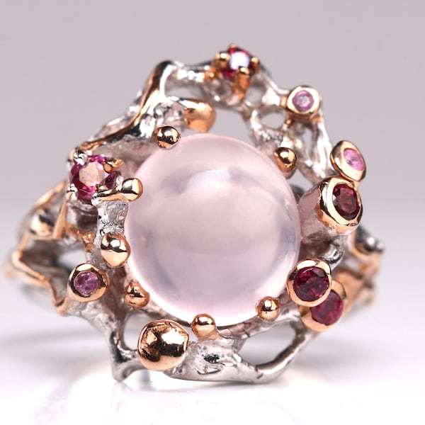 Size 7.5 - One of a Kind Rose Quartz & Genuine Rhodolite Garnet and Pink Tourmaline Sterling Silver Ring - Designer Unique Birthstone Ring