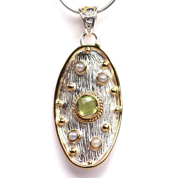 Peridot & Pearl Sterling Silver Pendant with 14K Vermeil Accents - Designer Unique Birthstone Mixed Metal Jewelry - Avant Garde Style