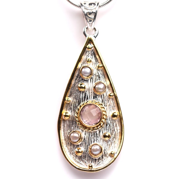 Rose Quartz & Pearl Sterling Silver Pendant with 14K Vermeil Accents - Designer Unique Birthstone Mixed Metal Jewelry - Avant Garde Style