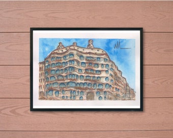 Original Watercolor "La Pedrera", Casa Milà, Barcelona