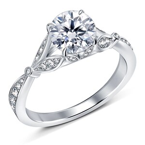 Round Cut 14K Gold Moissanite Ring, 2.20 Carat Round Cut Moissanite Engagement Ring, Art Deco Ring Vintage Style Ring For Women Promise Ring