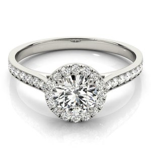 Anel de noivado com diamante moissanita redondo Forever One / Anel de noivado em ouro branco maciço 14k / Anel com corte redondo / Anel delicado / Anel de compromisso