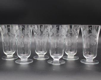 6 psc Set Depression Glass Etched Clear Parfait / Tumbler - Daisy and Dots