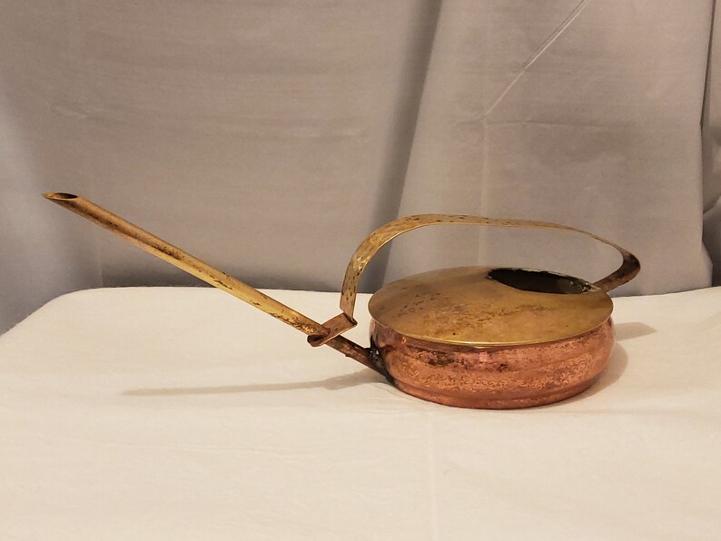 Mid-Century Vintage Brass and Copper Mid-Century Watering Can w Dimpled Handle