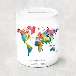 Personalised Travel Fund Money Pot, Holiday Savings Pot, Travel Piggy Bank, Vacation Savings Bank, Money Saving Pot, Birthday Gift