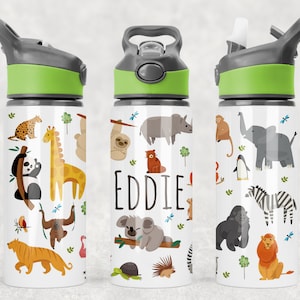 May include: A white water bottle decorated with cartoon animals such as a giraffe, panda, and lion. The bottle has a grey and green lid and the name "EDDIE" printed in black. The bottle is designed for children.