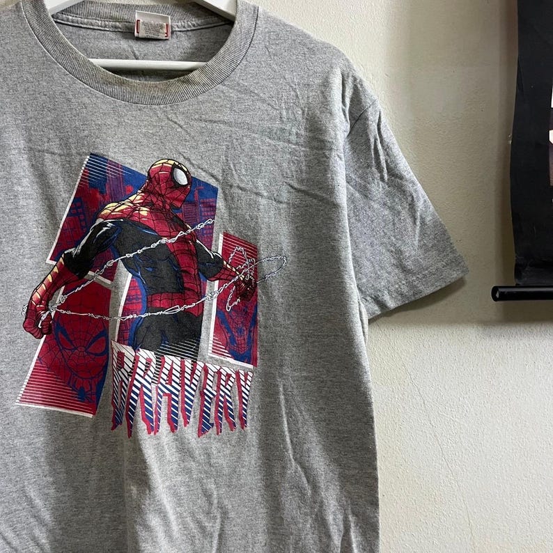 Puede incluir: Una camiseta gris con un estampado gr&aacute;fico de Spiderman en un traje rojo y azul, con el texto "Spider-Man" impreso debajo de la imagen.