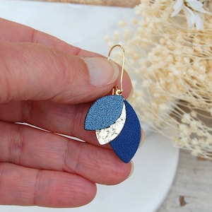 Harmonie earrings in real midnight blue, metallic blue and gold leather - Women's gift idea, wedding jewelry, ceremony - Agatiz