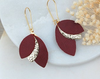 Harmony earrings in real burgundy and gold leather Women's gift, wedding jewelry, ceremony - Gold plated Agatiz handcrafted creation