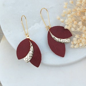 Harmony earrings in real burgundy and gold leather Women's gift, wedding jewelry, ceremony - Gold plated Agatiz handcrafted creation