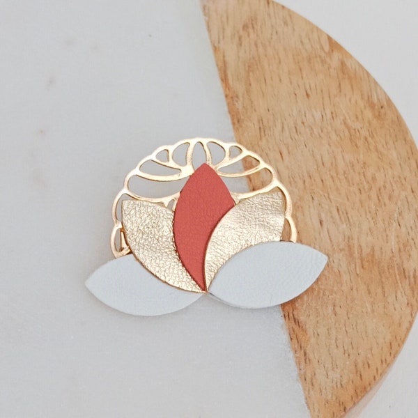 Bijoux broche cuir fleur de blanc doré corail- Bijoux femme - Cadeaux mariage, cadeaux,  fêtes Noël - AGATIZ -