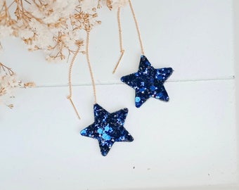 Star earrings with gold thread and blue glitter and gold leather - Jewelry for women, wedding gifts, witness gifts, ceremonies - Agatiz