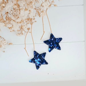 Star earrings with gold thread and blue glitter and gold leather Jewelry for women, wedding gifts, witness gifts, ceremonies Agatiz image 1