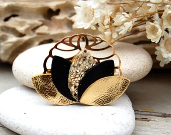 Lotus flower brooches in black leather, gold, and gold glitter - Women's jewelry - Witness gifts, Mother's Day gifts - AGATIZ