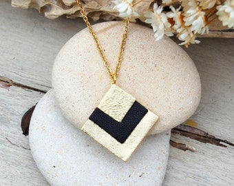 Gold and black square leather necklace - leather graphic necklace - Women's jewelry - Women's necklace - Christmas jewelry - AGATIZ