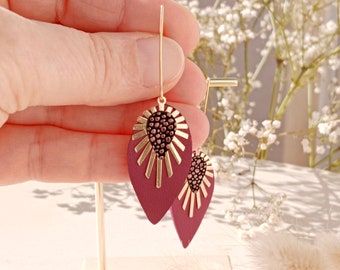 Boucles d'oreilles gouttes Soelie cuir lie de vin, cuir caviar noir rose, dormeuses dorées - Bijoux femme, mariage fête des mères  Agatiz