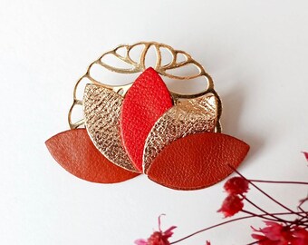 Broche cuir fleur de lotus cuir terracotta or rose rouge - Bijoux femme - Bijoux mariage, cadeau fête des mères, cadeau Noël - AGATIZ -