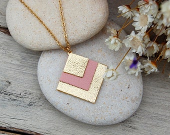 Necklace leather square gold and rose powder graphic necklace leather - Women's jewelry - Necklace for women - Christmas jewelry - AGATIZ