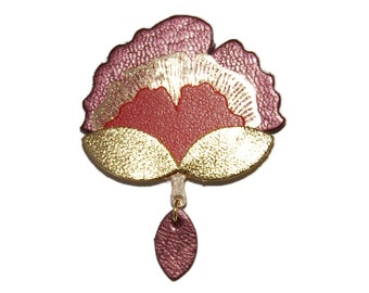 Ginkgo biloba brooch red leather and metallic burgundy - Gift idea - Handcrafted creation - Agatiz