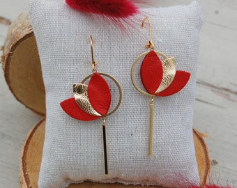 Mini pendientes de loto en cuero rojo y dorado, durmiente bañado en oro - creación artesanal - Idea de regalo para mujer - Agatiz