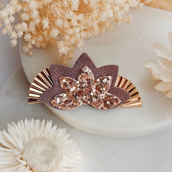 Broche cuir fleur de lotus éventail bronze paillettes doré - Bijoux femme - Idée cadeau fêtes, mariage, cérémonie, Noël - AGATIZ -