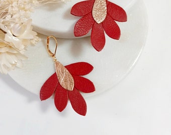 Jasmine earrings in red leather and rose gold - Gold plated jewelry - Christmas gifts for women, parties, ceremony - Agatiz