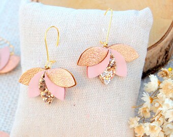 Eglantine earrings in leather and pink gold and pastel pink sequins - Women's jewelry, wedding gifts, Mother's Day - Agatiz