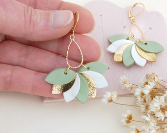 Eva earrings in almond green, white and gold leather, gold-plated jewelry - Women's jewelry - Agatiz