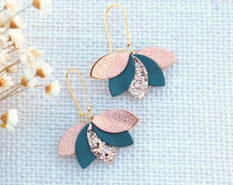 Eglantine earrings in rose gold leather, duck and rose gold sequins - Women's jewelry - Christmas gifts - AGATIZ