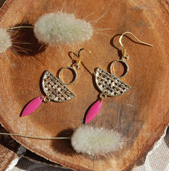 Gold plated Earrings and Pink Enamel Art Deco Style Women s Gift