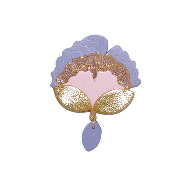 Broche Ginkgo biloba cuir lilas, rose, doré  - Idée cadeau - Création artisanale - Agatiz