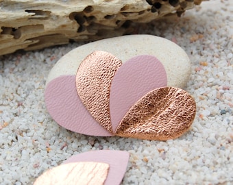 Double heart leather brooch, rose gold and pastel pink - Women's jewelry - Gift ideas - AGATIZ