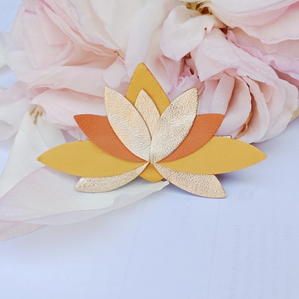 Barrette, pince cheveux, cuir lotus jaune orange, doré, accessoire coiffure, pince crocodile - Barrette mariage, cérémonie, soirée - Agatiz