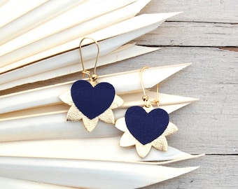 Royal blue and gold Tahia heart leather earrings - Women's jewelry - Wedding witness gift, Mother's Day gift - AGATIZ -