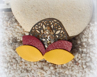 Lotus flower leather brooch, burgundy leather, momutard yellow and gold sequins, gold filigree - Women's jewelry - Christmas gifts - AGATIZ -