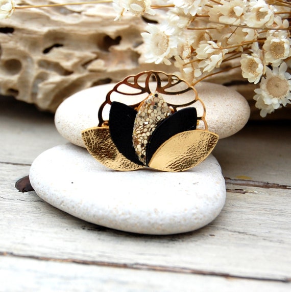 Lotus flower brooches in black leather gold and gold glitter Women s jewelry Witness gifts Mother s Day gifts AGATIZ
