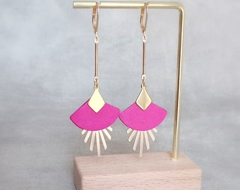 Boucles d'oreilles éventail en cuir rose fushia et doré - Plaqué or - Bijoux plaqué or femme, cadeaux mariage, cadeau fête des mères  Agatiz