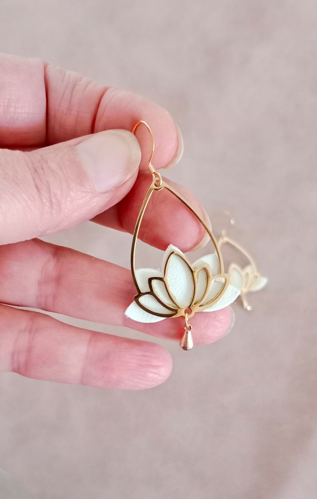Vintage White Jade Lotus Flower Drop Earrings