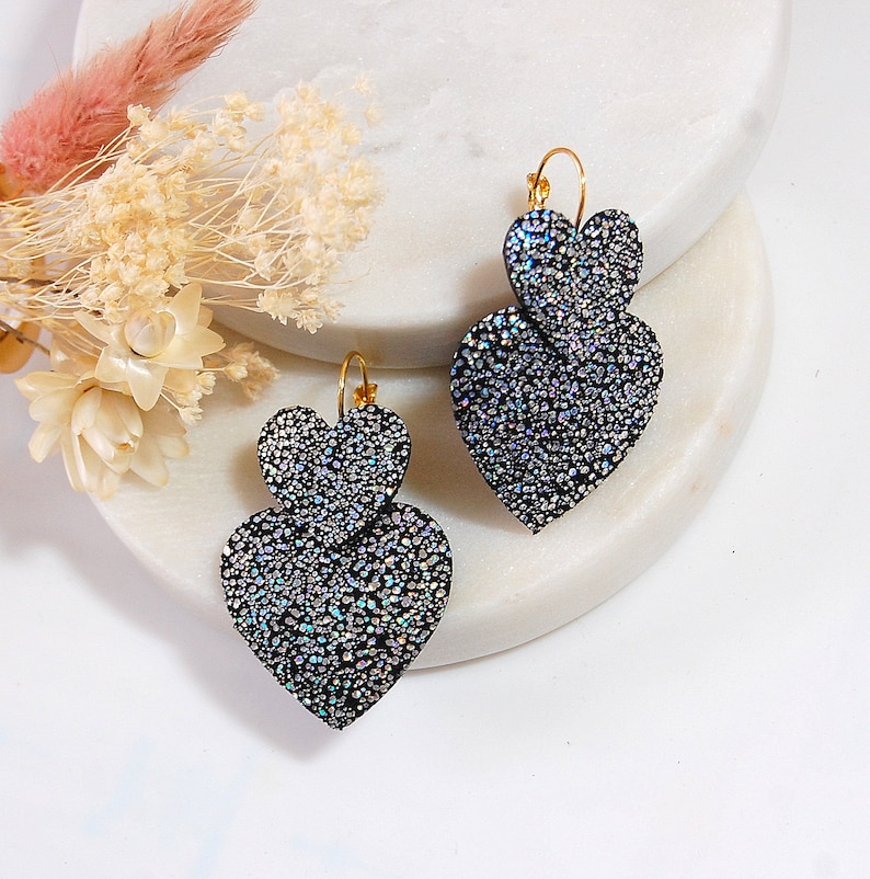 Earrings LUX heart genuine leather black sequins holographic Original jewelry Gift woman, ceremony, jewelry Christmas Agatiz image 2