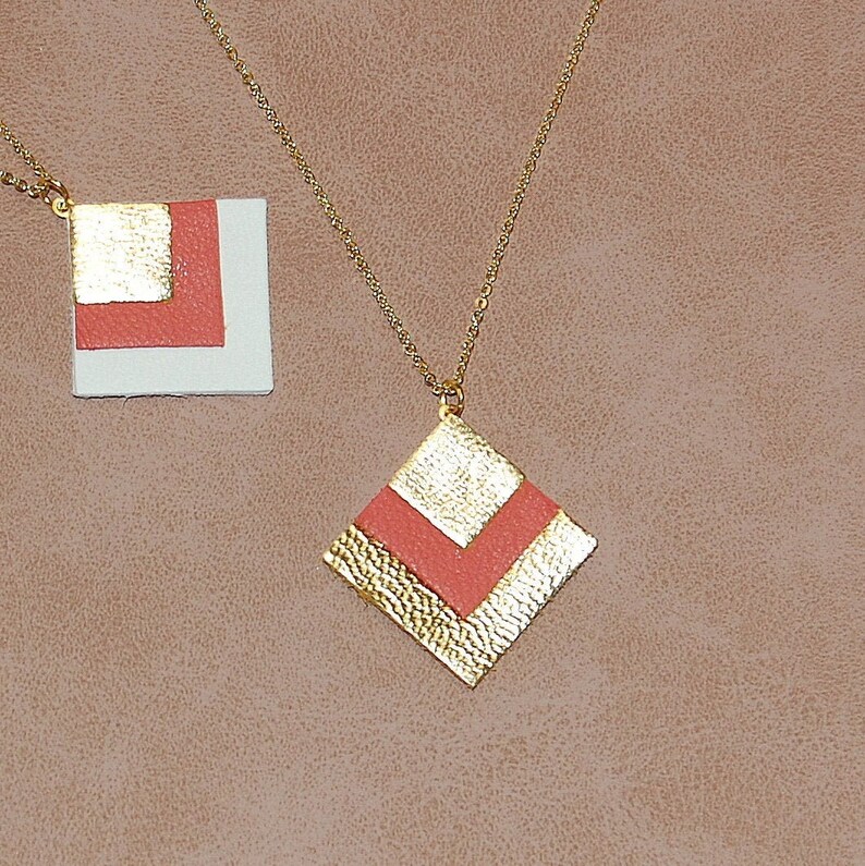 Coral and gold square leather necklace, leather graphic necklace Women's jewelry Necklace for women AGATIZ image 1