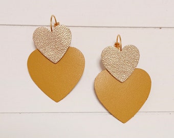 Boucles d'oreilles LUX coeur cuir jaune moutarde et doré -  Cadeau original femme, cérémonie bijoux Saint Valentin  Agatiz