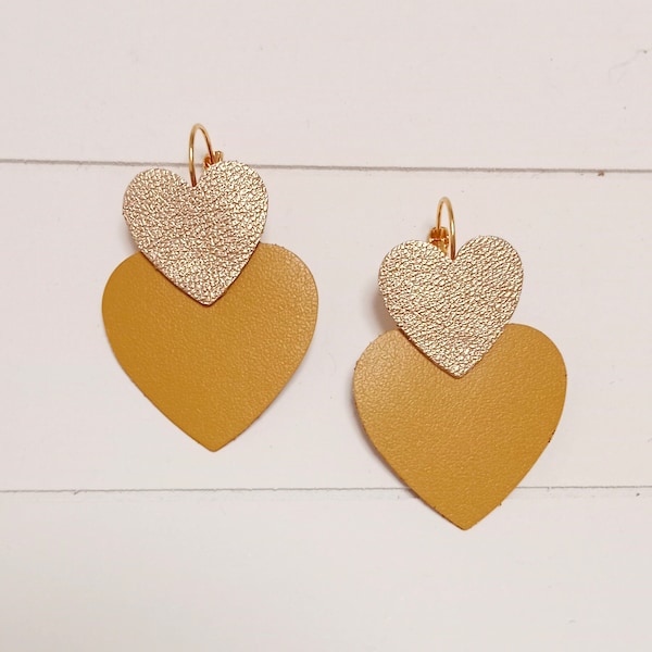 Boucles d'oreilles LUX coeur cuir jaune moutarde et doré -  Cadeau original femme, cérémonie bijoux Saint Valentin  Agatiz