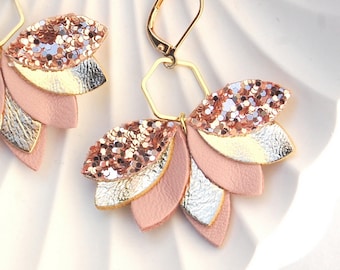 Pauline leather earrings, rose gold, gold, powder pink, glitter Women's gift Wedding ceremony witness jewelry Agatiz