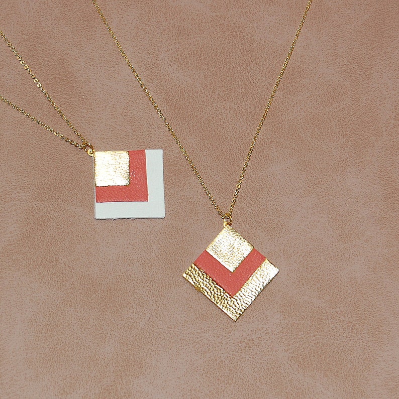 Coral and gold square leather necklace, leather graphic necklace Women's jewelry Necklace for women AGATIZ image 2