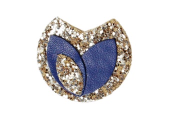 Broche en cuir véritable bleu roi et paillettes dorées -  Bijoux femme - Cadeaux Noël - AGATIZ -