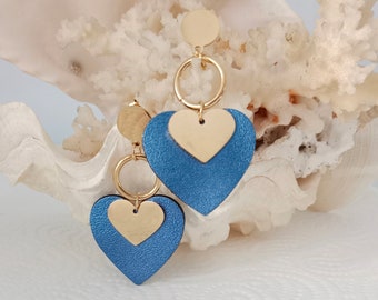 Love heart earrings in metallic blue leather - Women's jewelry - Wedding gift, parties, Christmas jewelry, Valentine's Day, leather wedding AGATIZ