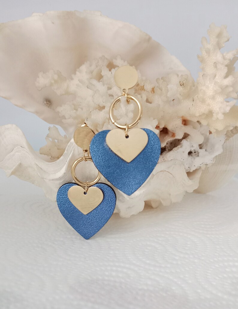 Love heart earrings in metallic blue leather Women's jewelry Wedding gift, parties, Christmas jewelry, Valentine's Day, leather wedding AGATIZ image 1