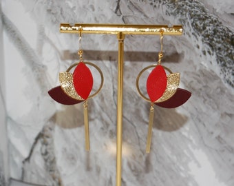 Mini pendientes de loto en cuero rojo, dorado y ciruela, bañados en oro - creación artesanal - Idea de regalo para mujer - Agatiz