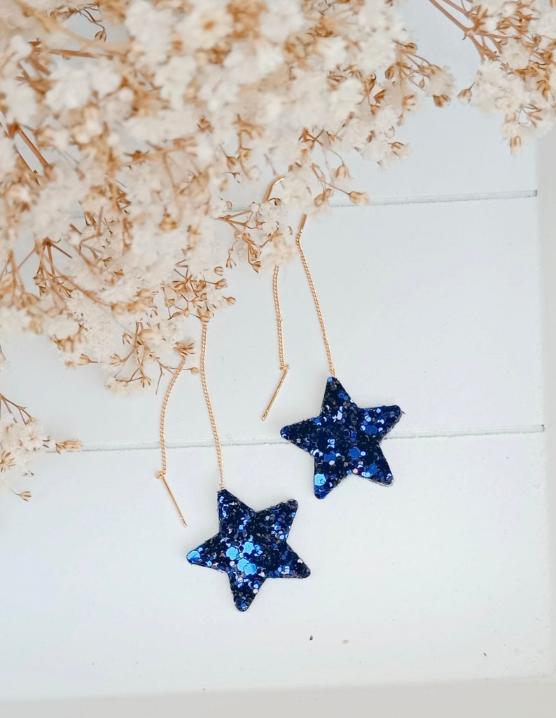 Star earrings with gold thread and blue glitter and gold leather Jewelry for women, wedding gifts, witness gifts, ceremonies Agatiz image 1